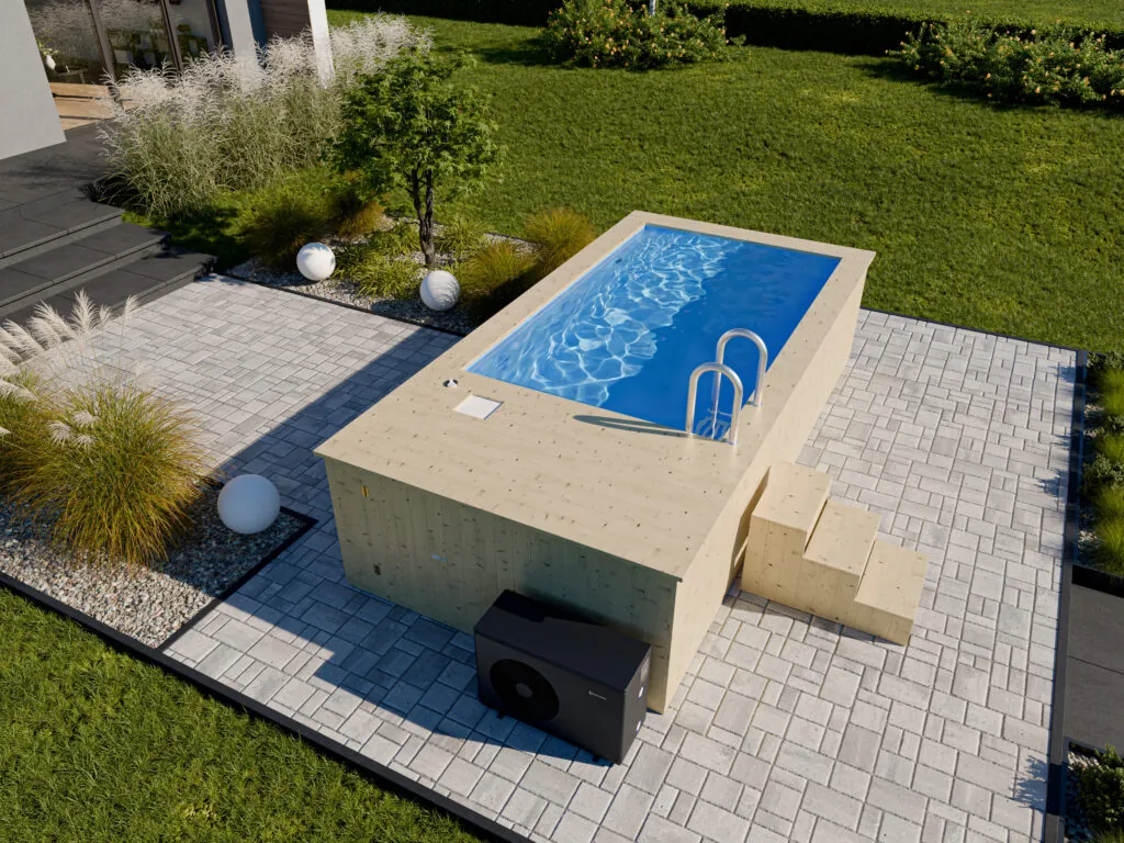 Prostokątny basen drewniany 480x240 cm z drabinką na tarasie z kostki w ogrodzie