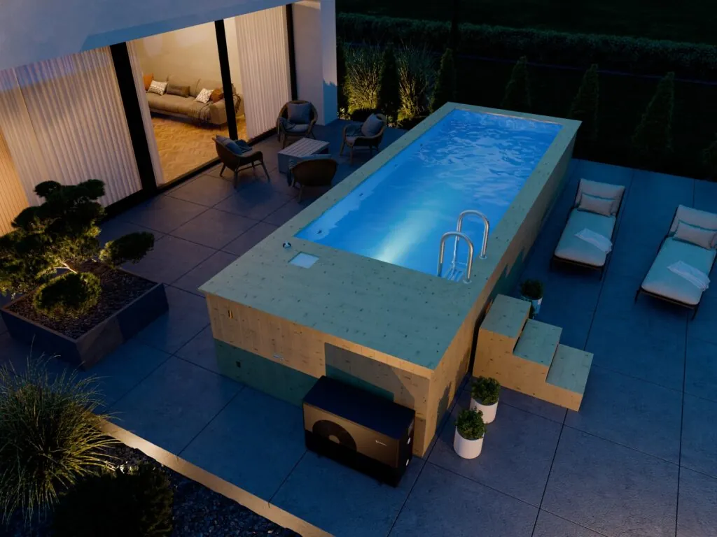 Beleuchteter Holzpool 680x240 cm auf einer Terrasse mit Liegestühlen und Pflanzen, Treppe, abendliche Szenerie