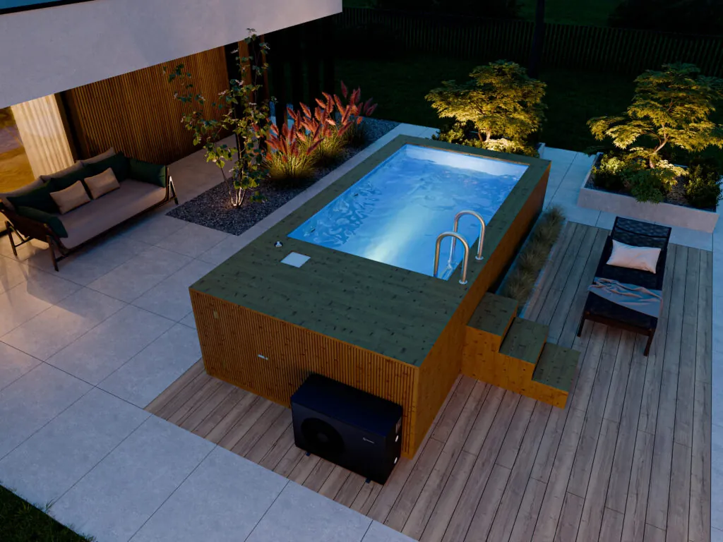 Basen drewniany Premium SPA 485x235 cm z hydromasażem, schody, taras, oświetlenie nocne, pompa ciepła