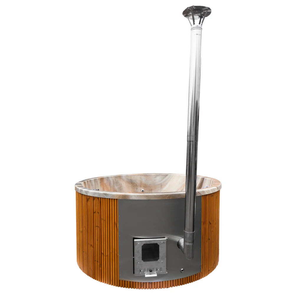 Round garden hot tub with wooden cladding, external steel heater and tall flue